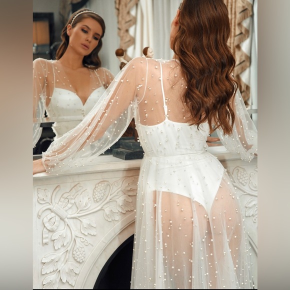 Sheer Robe Wedding Robe with Pearls Lace - Picture 3 of 3